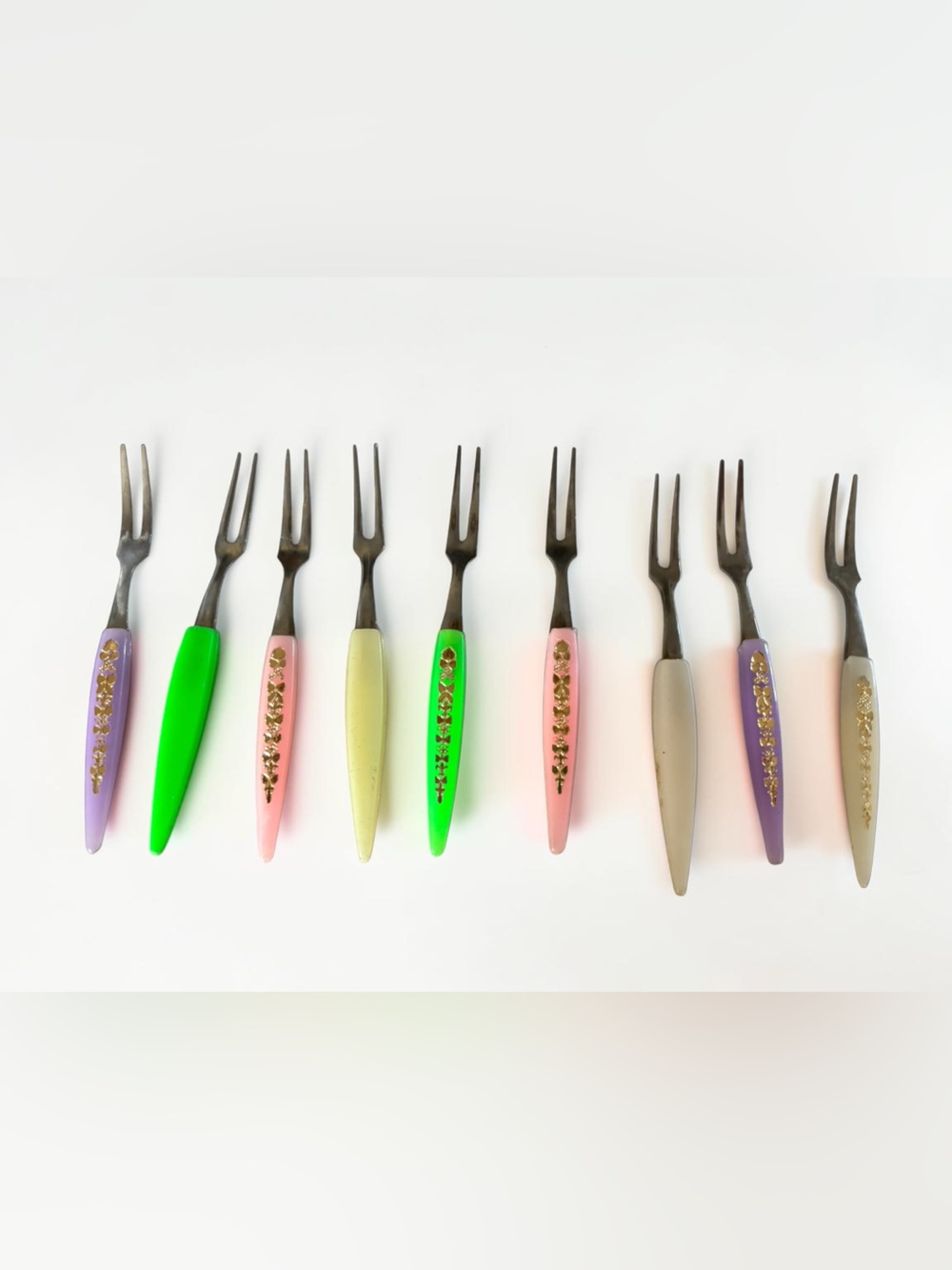 Vintage Cocktail Forks Set of 9 Pastel Neon Gold Floral Appetizer Picks